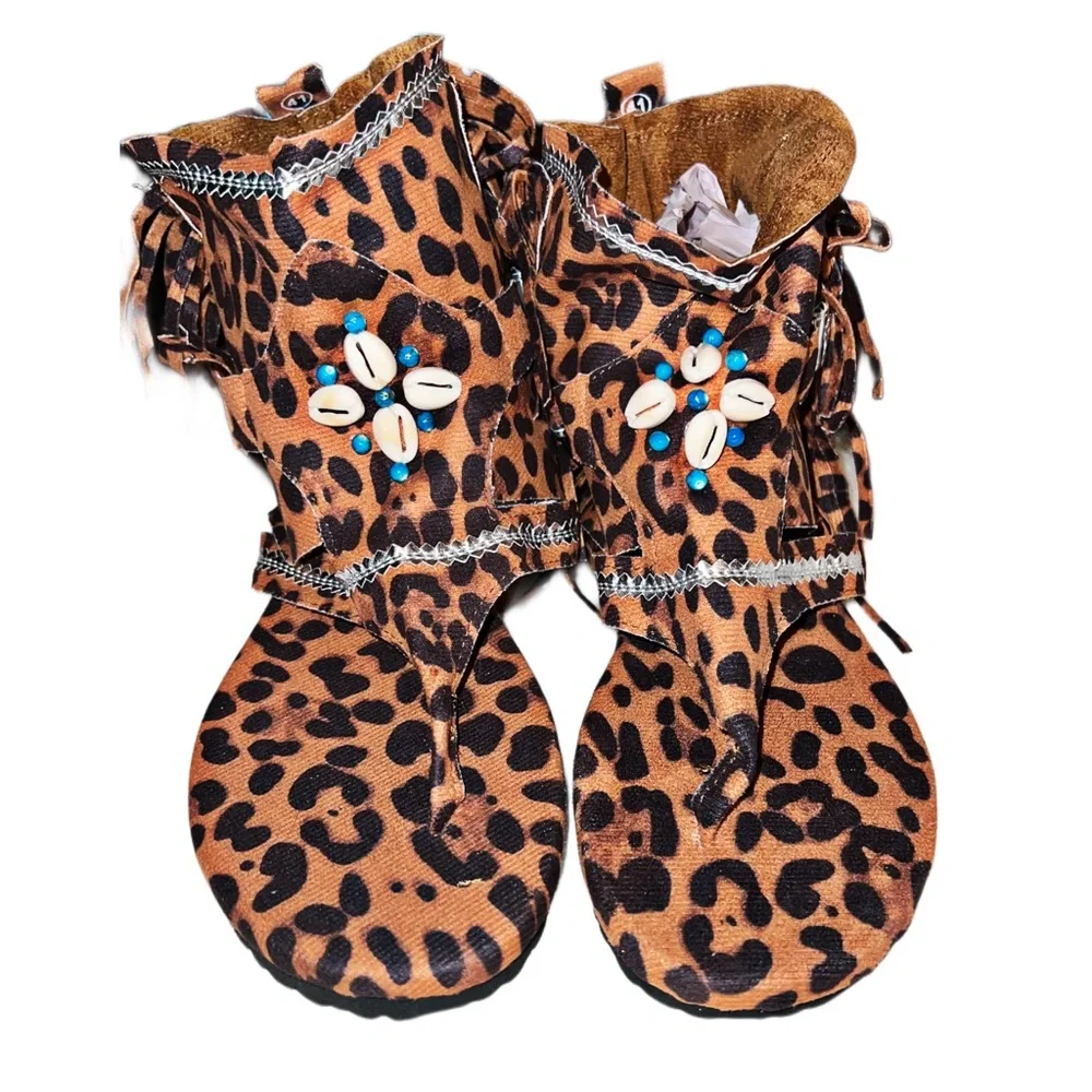 Fringed Leopard Print Puka Shell & Pull -On Buckle Sandals - Picture 4 of 6